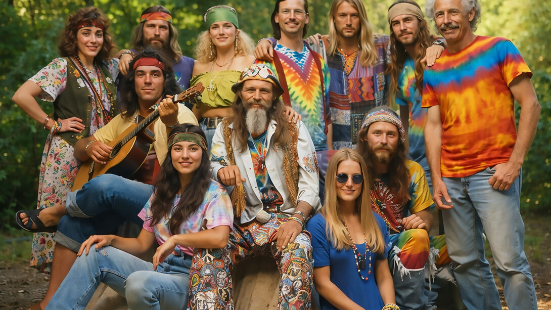 A collective portrait of the hippie movement, where fashion becomes identity—flowing silhouettes, handcrafted details, and psychedelic color express a shared commitment to freedom, community, and resistance to conformity