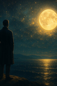 A man gazes up at the enormous moon in the night sky, captured in an AI-generated image