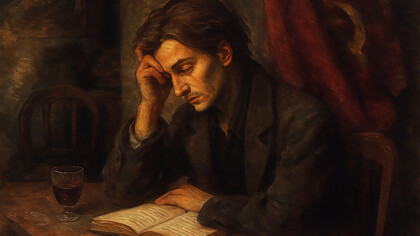 A solitary poet sits lost in thought, his face lit by a soft, amber glow — a quiet reflection of Milan Kundera’s vision of the novel as a search for understanding rather than virtue