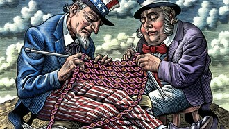 Investigación angloamericana sobre el genoma  humano, representada por el Tío Sam y John Bull tejiendo ADN. Dibujo en cartón rascado de Bill Sanderson, 1990, Colección Iconográfica