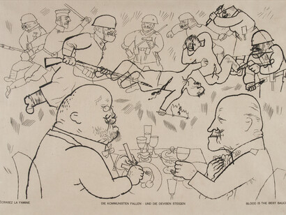 George Grosz, Blood is the Best Sauce (Écrasez la Famine / Die Kommunisten Fallen und die
Devisen steigen) from the portfolio Gott Mit Uns, Berlin: Malik Verlag, June, 1920, Portfolio of eight (9) photolithographs, 19 x 15 1/4 inches (48.3 x 38.7 cm), Edition C of 125. Photo credit: Joelle Jensen. Ubu Gallery, New York