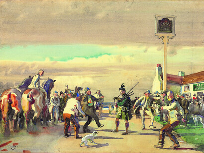 The Piper, 1916 Pencil and watercolour, heightened with white on paper laid down on card, 53.3 x 73.7 cm © the estate of Sir Alfred Munnings, Dedham, Essex