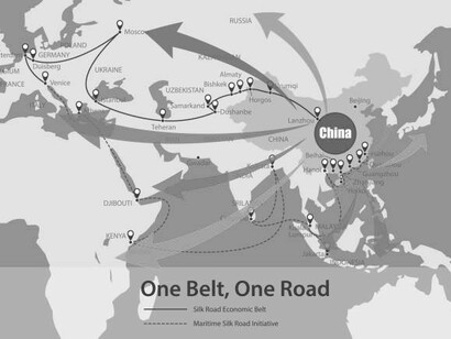 The One Belt, One Road initiative illustrates China's modern Silk Road, emphasizing key global economic transportation routes on a world map