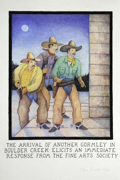 Glen Baxter, The arrival of another Gormley in Boulder Creek elicits an immediate response from the Fine Arts Society, 2012, ink and crayon on paper, 60.75 x 41 inches, courtesy of Flowers Gallery
