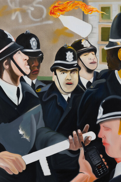 Yann Leto, London peelers, oil and spray on linen, 55 1/8 x 39 3/8 in, 140x100 cm. Courtesy of JD Malat Gallery