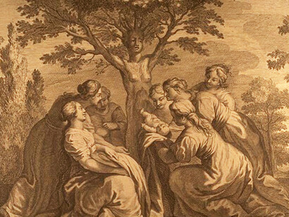 Bernard Picart, La nascita di Adone dal corpo arboreo e sventrato di Mirra