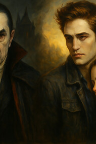 An artistic portrayal of the evolution of the vampire myth—Dracula’s dark, Gothic menace contrasts with the humanized, romantic figures of modern vampire lore, symbolizing the shift from fear to fascination