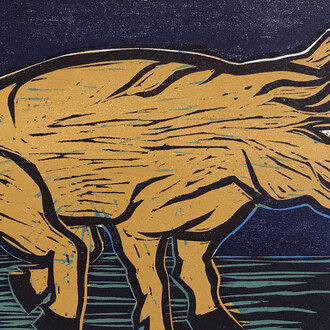 Eileen Cooper, Pig (Blue Moon), Linocut printed in colours, 2020, 24 x 31cm | © Eileen Cooper 2021