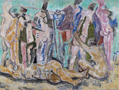 Fausto Pirandello, Bathers on the Beach (Large Bathers), c. 1961, Oil on board, 103 x 150 cm, Private collection, Rome
