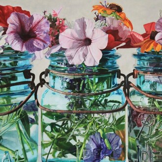 Peggie Blizard, Three Jars with Petunias (detail), oil on panel, 24 x 36". Courtesy of the artist and George Billis Gallery