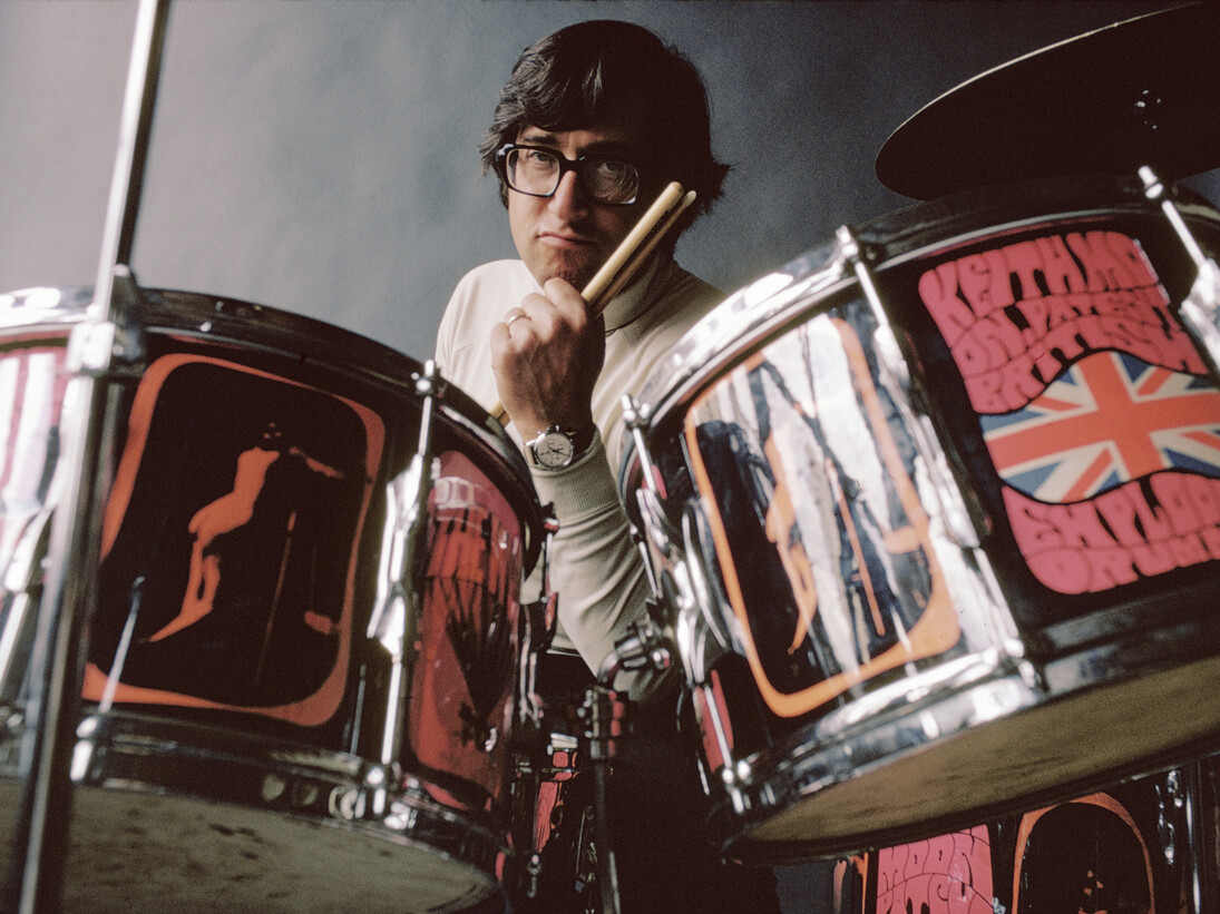 Art Kane sitting at Who's Keith Moon's drums 