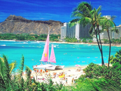 A boat at the beach in Honolulu, Hawaii, USA