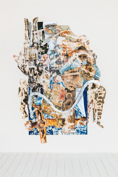 Monsieur Zohore, Liabilities, 2023, mixed media on canvas, 260x180 cm, photo by Stefano Casati. Courtesy of Amanita