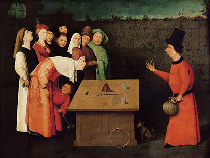 Jérôme Bosch. L’Escamoteur, 1475-1505. Huile sur panneau, 53 × 65 cm. Musée municipal, Saint-Germain-en-Laye 