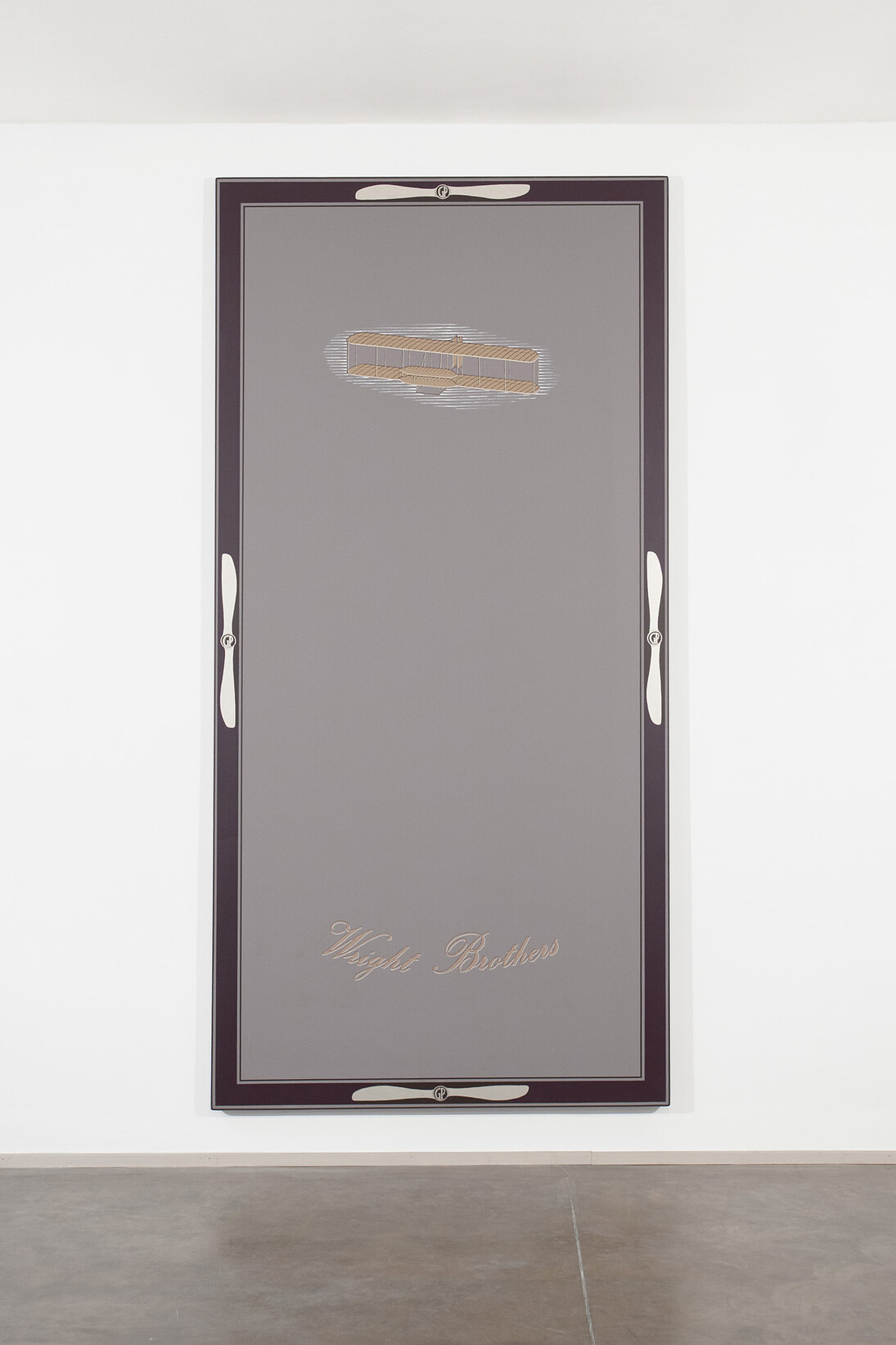 Gianni Piacentino, "WRIGHT BROTHERS G.P. (I): prospect with propellers on vertical", 1972 - 1973, 
Acrylic, pearl paint, silver synthetic paint on canvas, 130 x 61 inches, 330 x 155 cm