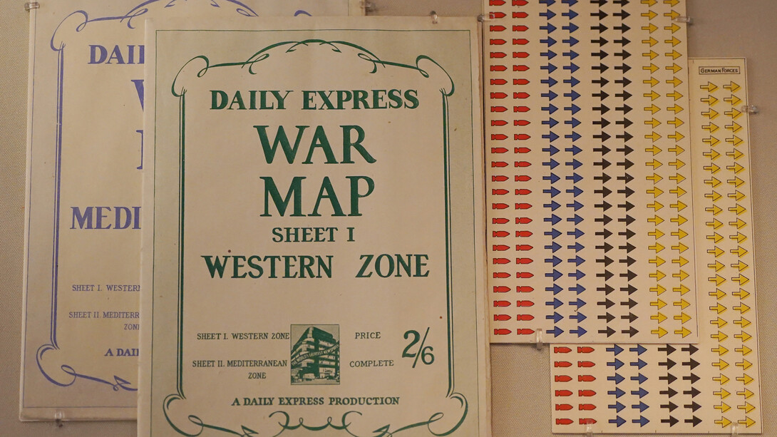 Daily Express war maps from 1944 and stickers. Courtesy of National Museum of Scotland