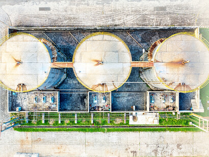 An aerial view of a steam turbine power plant in Banten, Indonesia