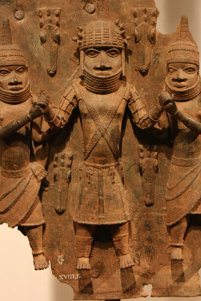 Brass plaque, commonly referred to as 'bronze,' from the Kingdom of Benin (present-day Nigeria). Housed in the British Museum, London, UK