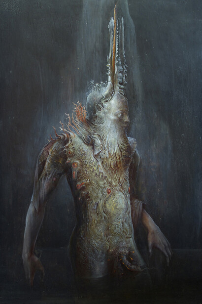 Agostino Arrivabene, L'uomo salamandra, 2014, olio su legno, cm 50 x 35