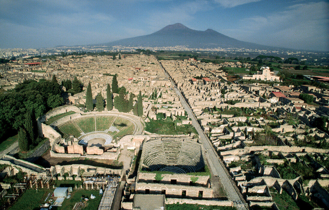 Aerial view of the ruins of Pompeii with Mont Vesuvius on the horizon
Photo © Roger Ressmeyer / CORBIS 
