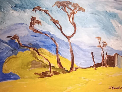 Teodorico Quirós, Árboles. En sus últimos años, el pintor exploró una cromática terrosa y gestual que se alejaba de su estilo más conocido, revelando un interés por investigar nuevas posibilidades expresivas en la pintura