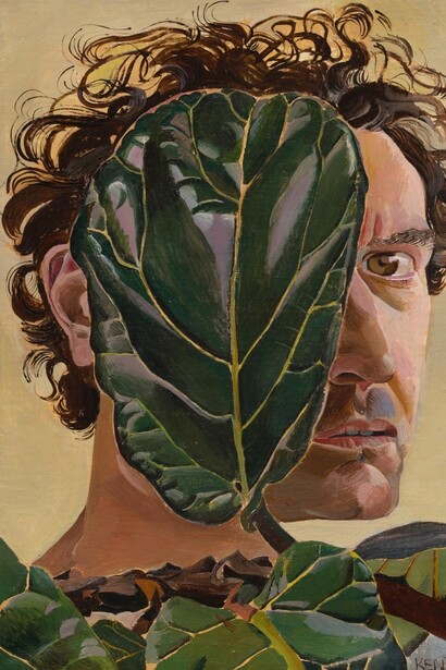 Kent O’Connor, Self-portrait and fig leaf, 2025. Courtesy of Matthew Brown Gallery