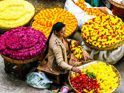 Flower sellers sit surrounded by vibrant garlands at the crowded KR Market in Bangalore, India