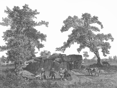 Félix Benoist, La Roche aux Fées, allée couverte près du Theil, gravure tirée de l'ouvrage La Bretagne contemporaine, Ici, on peut observer la présence importante des arbres