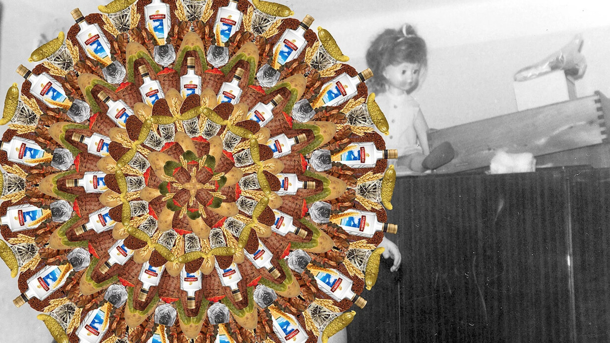 Marija Nemcenko
No more than vodka & kebabs 
Photographic print (one of three)
No more than vodka & kebabs by Marija Nemčenko co-opts the visual language of advertising as a way to explore stereotypes relating to migration, as well as the artist’s own identity. 
