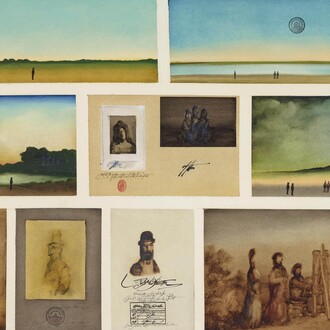 Saul Steinberg, La Vie d'Artiste, 1970, Watercolor, oil, ink, stamps, graphite, on paper , 29 3/4" x 39 3/4"
Provenance: Galerie Maeght, Paris, Exhibited: Cologne, Kunstverein; Stuttgart, Württembergischer Kunstverein; Hanover, Kestner-Gesellschaft;Kulturhaus der Stadt Graz, and Vienna, Museum des 20. Jahrhunderts, Nov. 1974 - August 1975, No. 53. Courtesy of Adam Baumgold Gallery