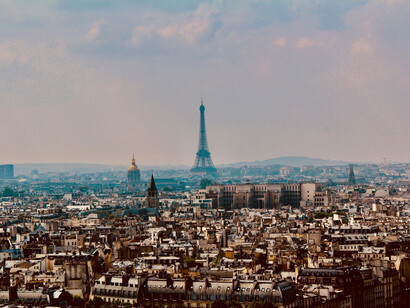 Aerial photograph of Paris, the Eiffel Tower rising from the background