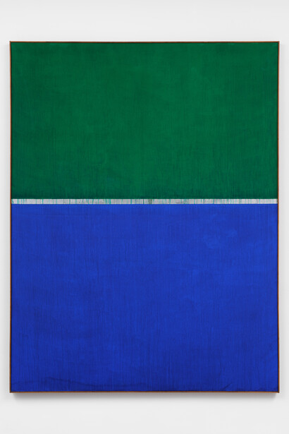 Kuwayama, Untitled, 1960. Blue and green pigment with silver leaf on paper on canvas, 87 x 66 1-2 in., 221 x 168.9 cm. Photo by Olympia Shannon