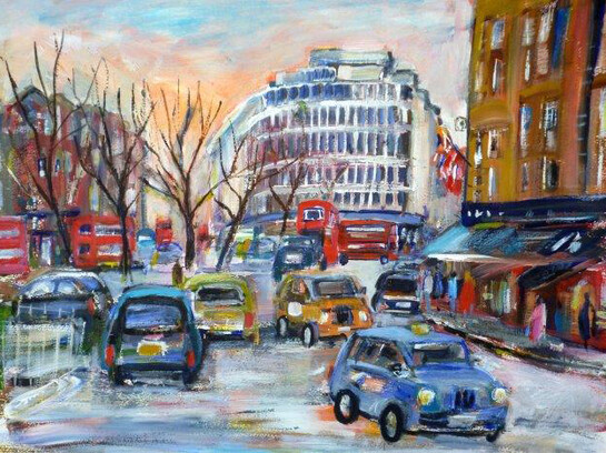 Josephine Chisholm, Winter Sunset Over Slone Square, acrylic on canvas, 39 x 53 cm