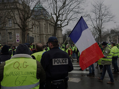 A scene from the Yellow Vest protest on February 2, 2019, Place de la République, Paris France. What started in 2018 as anger over fuel taxes soon evolved into a wider uprising against living costs and the French elite