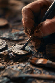 An archaeologist gently cleaning a coin, conveying the enduring legacy of the Benin Kingdom’s craftsmanship