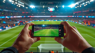 Soccer fans cheering their team, a man with a camera recording