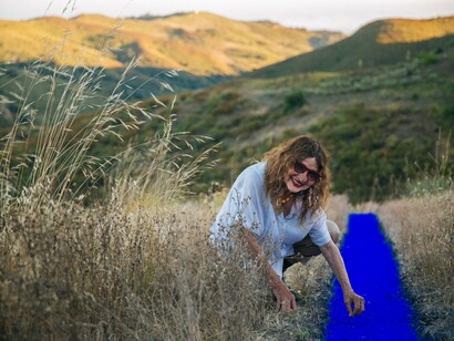 Lita Albuquerque's “Malibu Line,” an ultra-vivid blue earthwork that connects earth, ocean, and sky in Malibu, California, USA