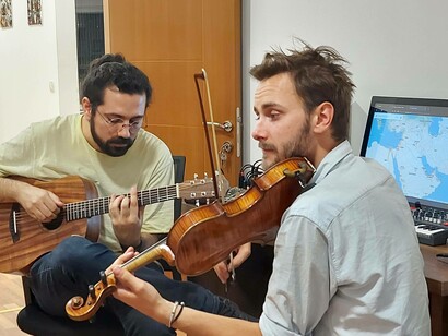Mitch Ado (left) and Dan Hodd jamming in the studio