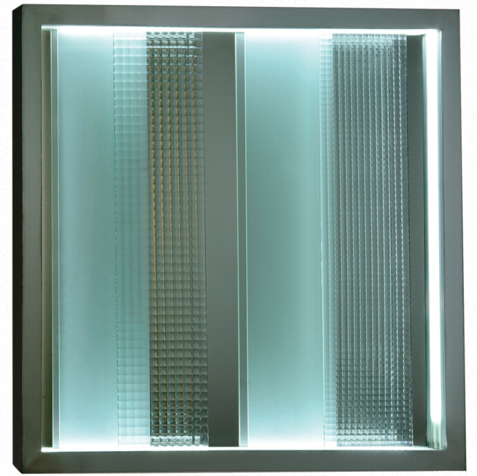 Nanda Vigo, Chronotopo, 1967, Aluminium, glass, mirror and neon, 100 x 100 x 10 cm
