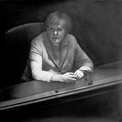 Kepa Garraza (2014), Angela Merkel, Black pastel on paper, 140 x 140 cm
