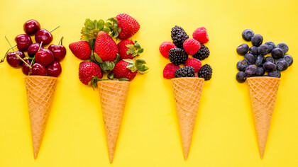 Close-up of ice cream cones with natural ingredients