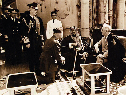 Yalta Conference (Crimea), February 4 to 11, 1945. Onboard warship during the Crimean Conferences at Yalta, Russia. President Franklin D. Roosevelt is shown with Arab Dignitary. Fleet Admiral William D. Leahy is on left