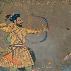 Sultan ‘Ali ‘Adil Shah II Slays a Tiger Attributed to the Bombay Painter (probably Abdul Hamid Naqqash) Bijapur, ca. 1660, Ink, opaque watercolor, gold, and probably lapis-lazuli pigment on paper, 8½ × 12⅜ in. (21.5 × 31.5 cm), The Ashmolean Museum, Oxford. Lent by Howard Hodgkin.
