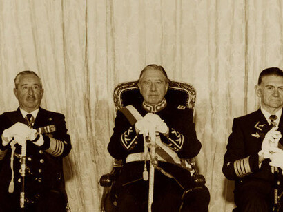 Tres miembros de la «renovada» junta castrense que diría Chile, con Pinochet con «primus inter pares» (1985)