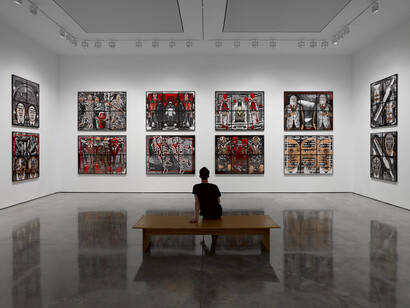 Gilbert & George, Scapegoating Pictures for London, White Cube Bermondsey, 18 July - 28 September 2014, © Gilbert & George. Photo: Jack Hems. Courtesy White Cube