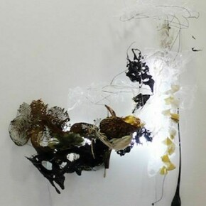 Judy Pfaff, Night Blooming Ceres, 2012, steel wires, various plastics and paper, shellacked Chinese paper lanterns, honeycomb cardboard and florescent lights, 95” x 83” x 32”