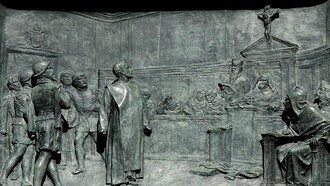 "El proceso de Giordano Bruno ante la Santa Inquisición", bajorrelieve en bronce, Ettore Ferrari, 1889