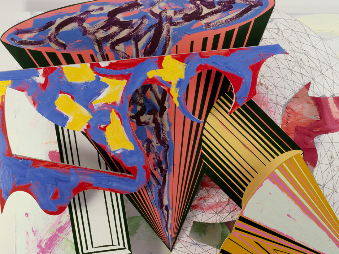 Frank Stella, Gobba, zoppa e collotorto, 1985. Oil, urethane enamel, fluorescent alkyd, acrylic, and printing ink on etched magnesium and aluminum. 137 x 120 1/8 x 34 3/8 in. (348 x 305 x 87.5 cm). The Art Institute of Chicago; Mr. and Mrs. Frank G. Logan Purchase Prize Fund; Ada Turnbull Hertle Endowment 1986.93. © 2015 Frank Stella/Artists Rights Society (ARS), New York.
