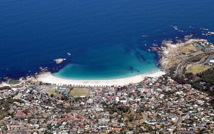 Camps Bay, an affluent suburb of Cape Town, South Africa, as seen from Table Mountain