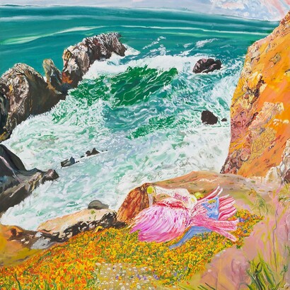 Olive Ayhens,
Cliffside Enchantment (detail),
2023,
Oil on canvas,
60 x 40 inches. Courtesy of the artist and Bookstein Projects